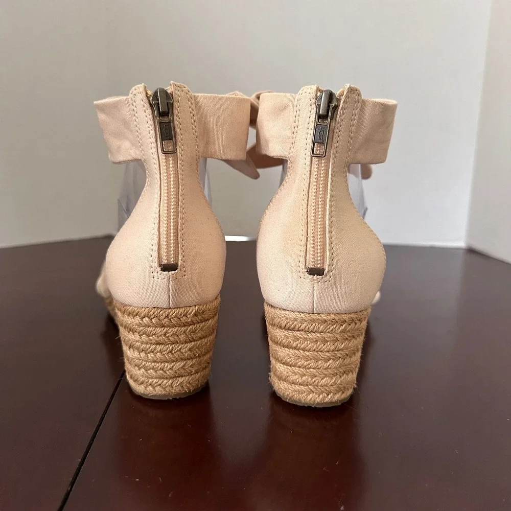 UGG Espadrille Wedge Sandals Womens 9 Cream Bow Ankle Strap Cork Jute Summer